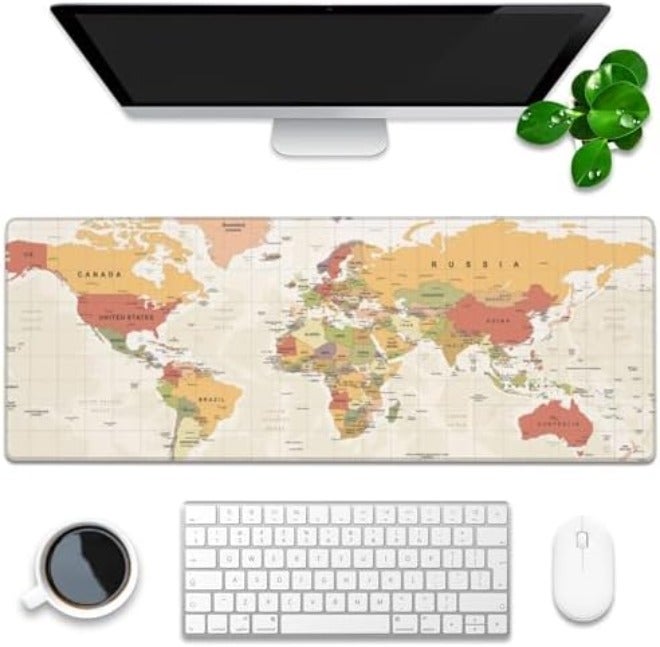 Desk Mat, Yellow Vintage World Map Extended Gaming Mouse Pad Large, 35.4"x15.7" Big Mouse Pad with Non-Slip Base and Stitched Edge, Long Computer Keyboard Mouse Mat for Home Office Work - Image 3