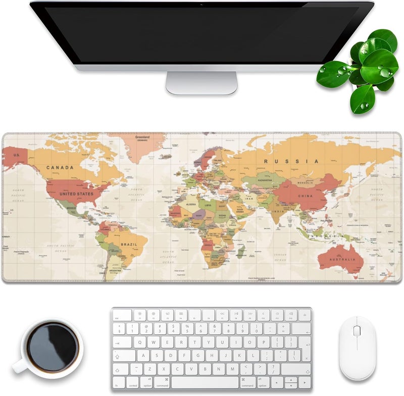 Desk Mat, Yellow Vintage World Map Extended Gaming Mouse Pad Large, 35.4"x15.7" Big Mouse Pad with Non-Slip Base and Stitched Edge, Long Computer Keyboard Mouse Mat for Home Office Work - Image 2