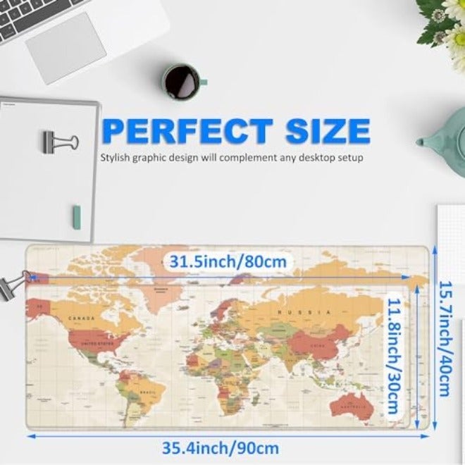 Desk Mat, Yellow Vintage World Map Extended Gaming Mouse Pad Large, 35.4"x15.7" Big Mouse Pad with Non-Slip Base and Stitched Edge, Long Computer Keyboard Mouse Mat for Home Office Work - Image 4
