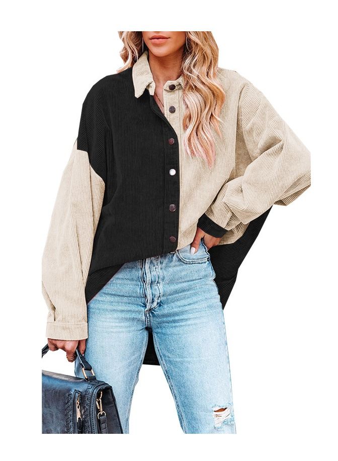 Loquat Autumn And Winter New Patchwork Color Corduroy Loose Casual Shirt 