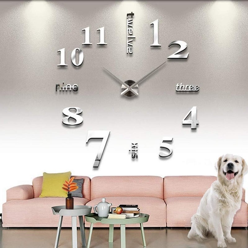 أل زد واي أم أس زد ساعة حائط ثلاثية الأبعاد DIY مرآة، تصميم عصري، بدون إطار لتزيين الجدار الفارغ، مناسبة للمنزل، المكتب، الفندق، سهلة التركيب (فضي) - Image 1