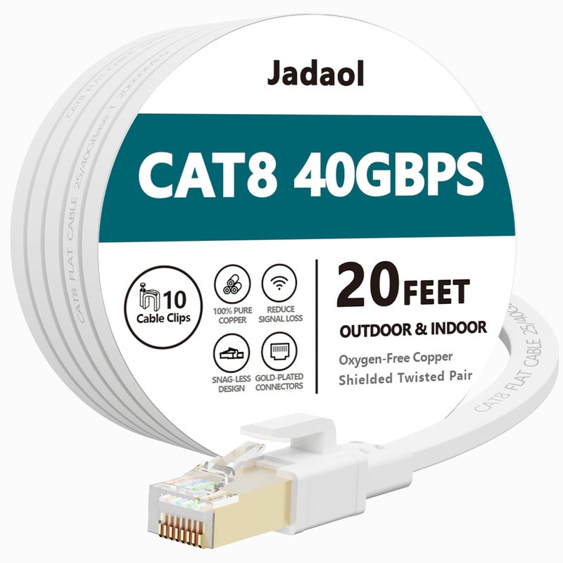 Jadaol Cat 8 Ethernet Cable 20 ft, 40Gbps 2000MHz Flat RJ45 S/FTP LAN Patch Cable, High-Speed Cat8 Network Cable for Router, Modem, Switch, Gaming Consoles, PC, Home Network & Streaming Devices, White - Image 1