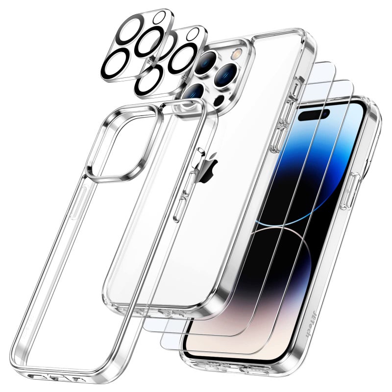 JETech 5 in 1 Case for iPhone 14 Pro 61Inch with 2Pack Screen Protector and Camera Lens Protector NonYellowing Shockproof Bumper Phone Cover Full Coverage Tempered Glass Film Clear