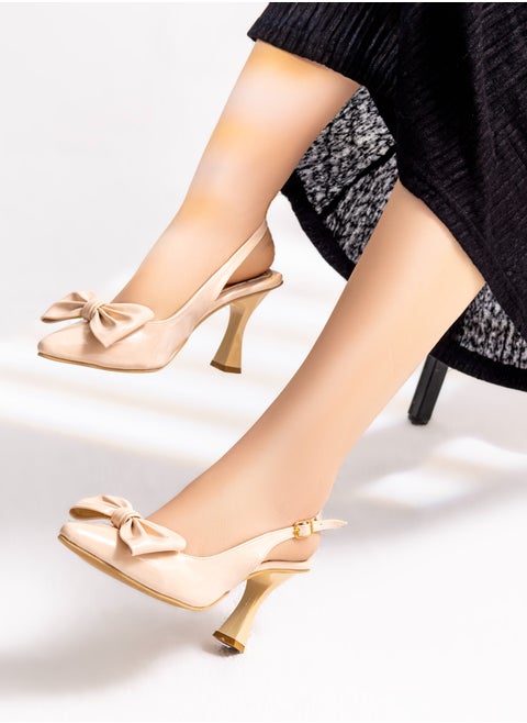 Shoe Heel Leather With Bow F-27- Beige