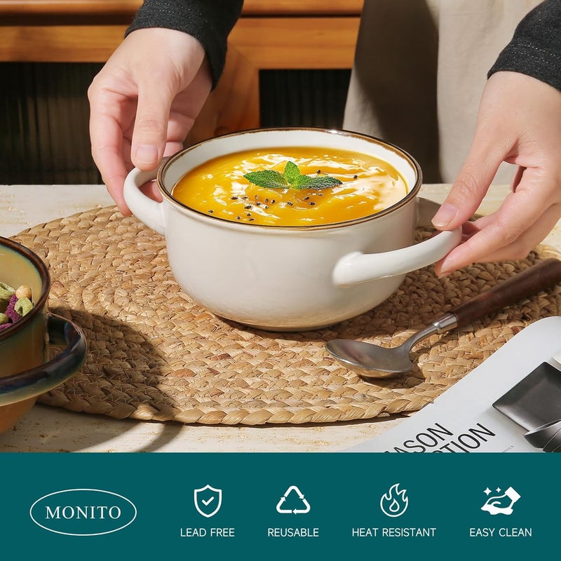 MONITO Ceramic Salad Bowl with Handles, 28 oz French Onion Soup Bowls, Ceramic Soup Bowls for Cereal, Pasta, Chilli, Beef Stew, Stackable Serving Bowl Set of 4 (28 OZ) - Image 4