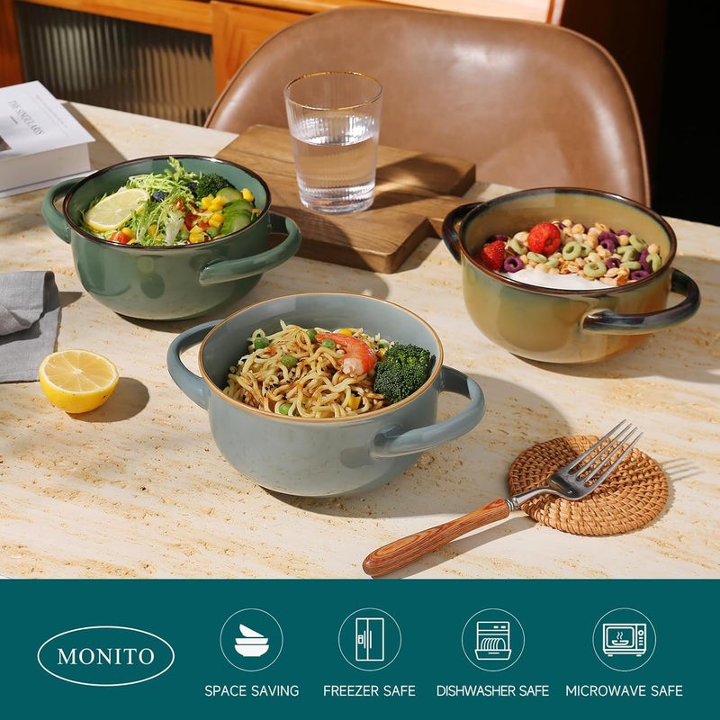 MONITO Ceramic Salad Bowl with Handles, 28 oz French Onion Soup Bowls, Ceramic Soup Bowls for Cereal, Pasta, Chilli, Beef Stew, Stackable Serving Bowl Set of 4 (28 OZ) - Image 3
