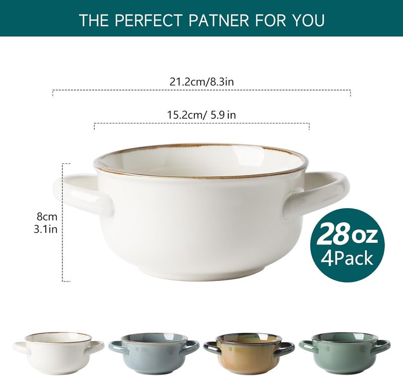MONITO Ceramic Salad Bowl with Handles, 28 oz French Onion Soup Bowls, Ceramic Soup Bowls for Cereal, Pasta, Chilli, Beef Stew, Stackable Serving Bowl Set of 4 (28 OZ) - Image 2