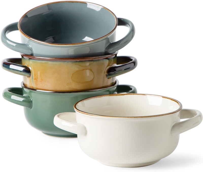 MONITO Ceramic Salad Bowl with Handles, 28 oz French Onion Soup Bowls, Ceramic Soup Bowls for Cereal, Pasta, Chilli, Beef Stew, Stackable Serving Bowl Set of 4 (28 OZ) - Image 1