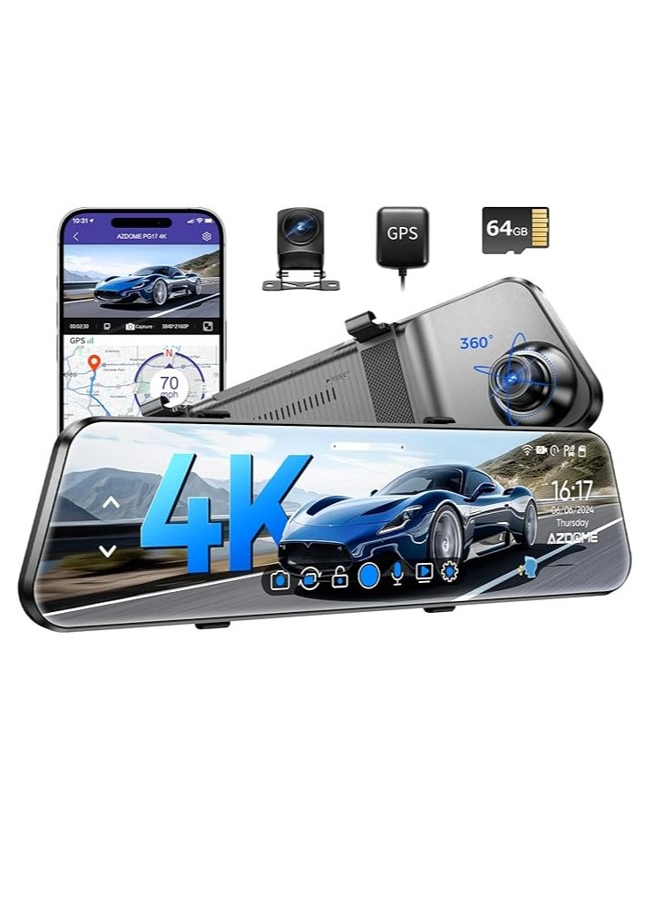 AZDOME - Dash Cam Dashboard Mirror 12 Inch PG17 4K WiFi Rear View Camera with 1080P Rear Camera Waterproof 64GB Card GPS Night Vision WDR Voice Control Driving Assistant - Image 1