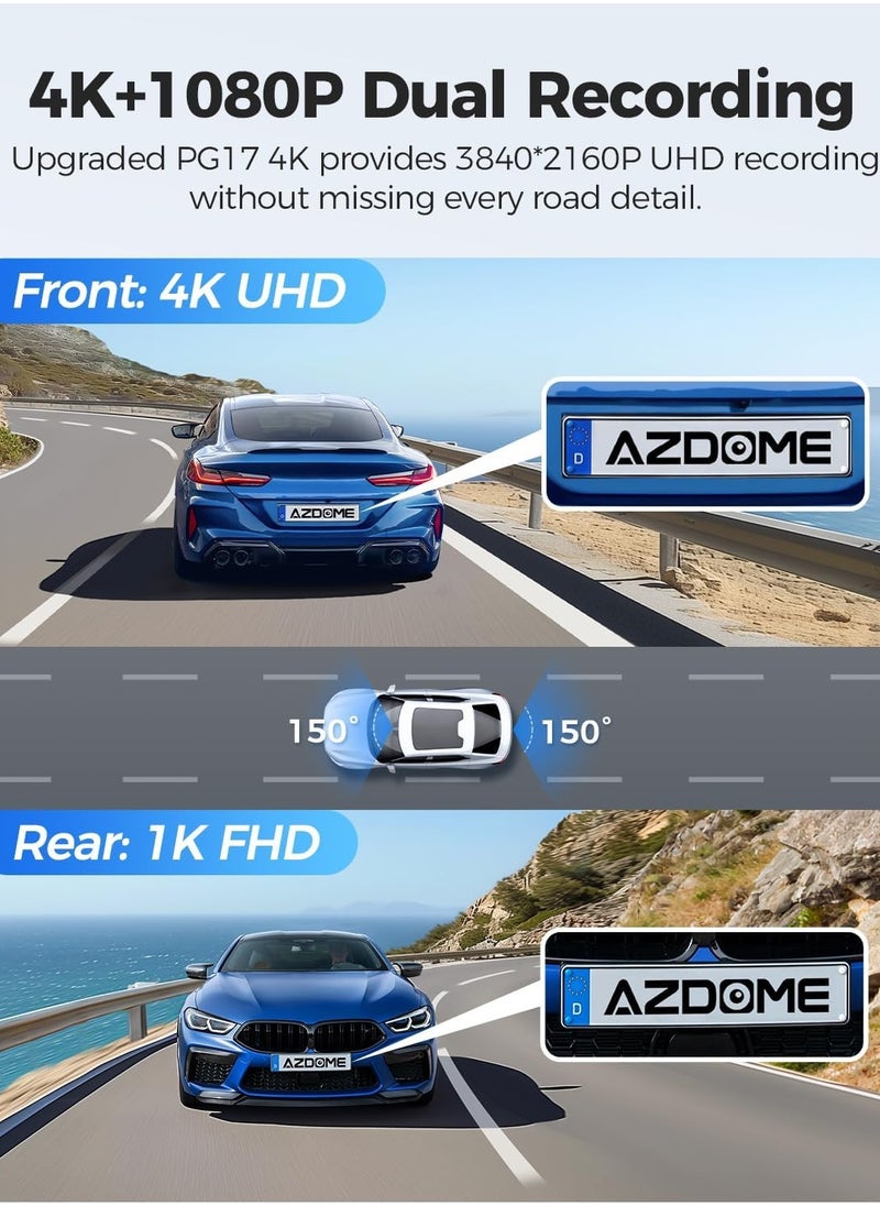 AZDOME - Dash Cam Dashboard Mirror 12 Inch PG17 4K WiFi Rear View Camera with 1080P Rear Camera Waterproof 64GB Card GPS Night Vision WDR Voice Control Driving Assistant - Image 1