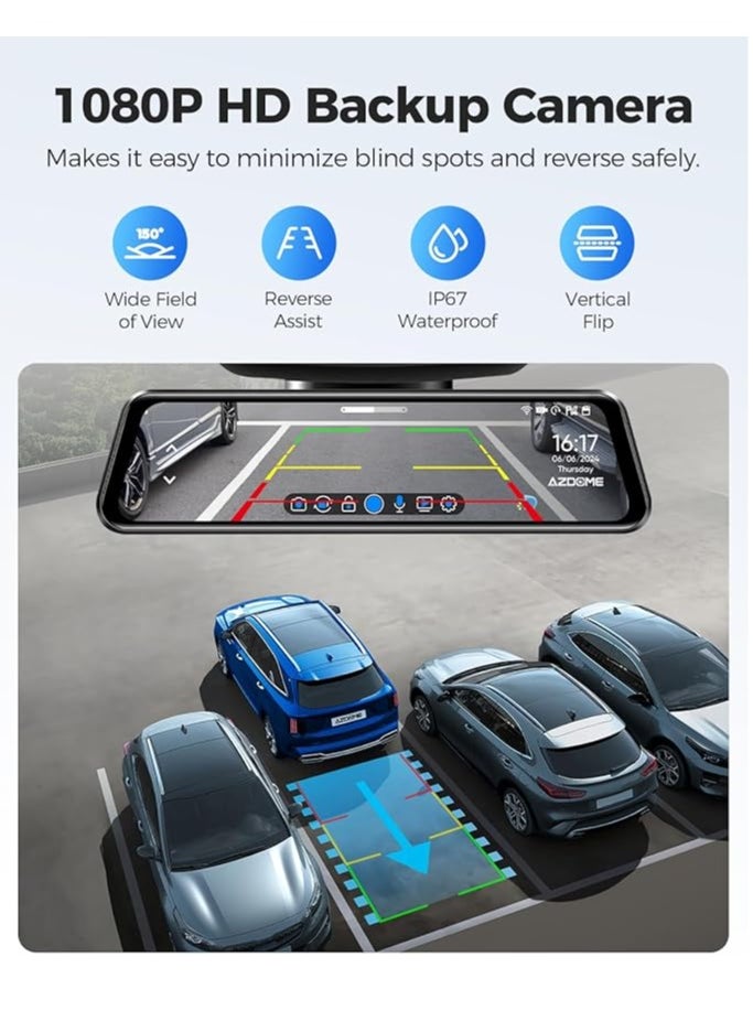AZDOME - Dash Cam Dashboard Mirror 12 Inch PG17 4K WiFi Rear View Camera with 1080P Rear Camera Waterproof 64GB Card GPS Night Vision WDR Voice Control Driving Assistant - Image 1