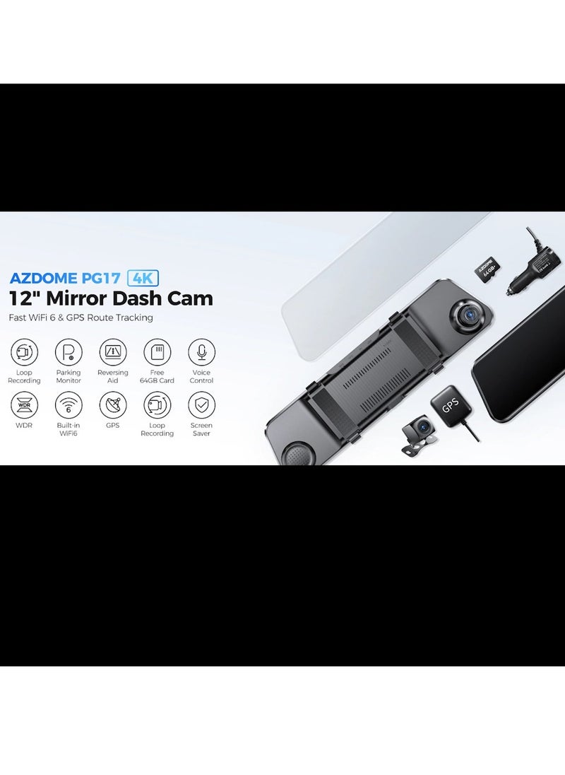 AZDOME - Dash Cam Dashboard Mirror 12 Inch PG17 4K WiFi Rear View Camera with 1080P Rear Camera Waterproof 64GB Card GPS Night Vision WDR Voice Control Driving Assistant - Image 1