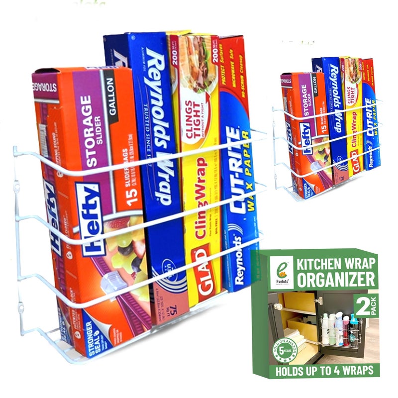 Evelots Kitchen Wrap Organizer - 2 Pack - Hold up to 4 Plastic, Foil, Paper, Wax - Cabinet Door, Wall Rack Basket - Sandwich, Freezer, Food Bag Storage - Laundry Supplies - Plastic Coated Metal - Image 1