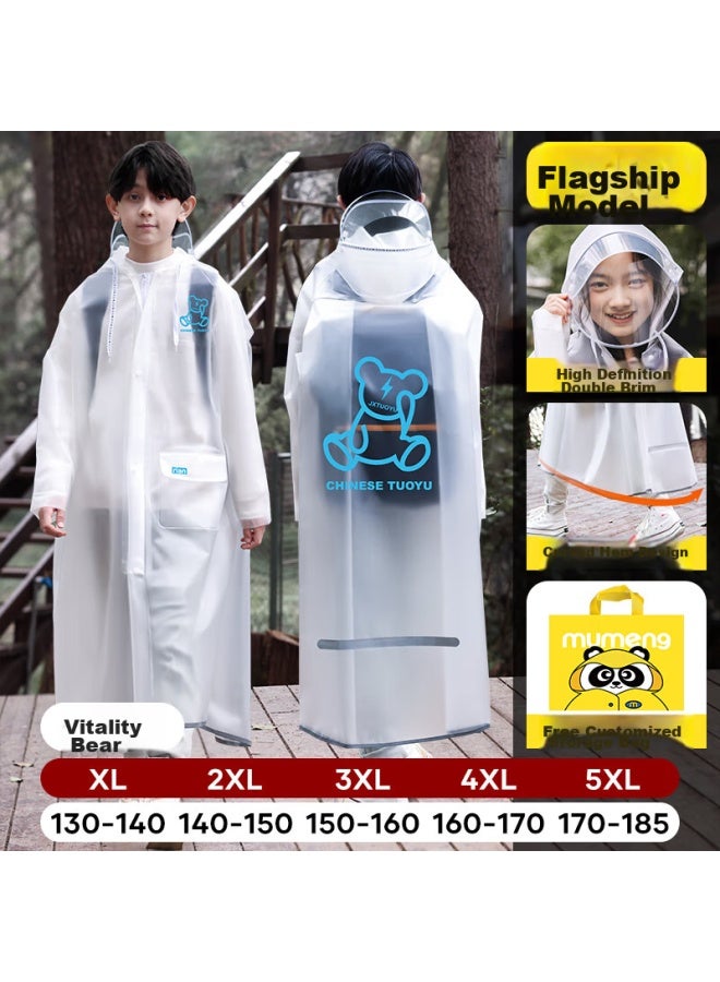 Moremerry Children's Raincoat For Boys And Girls, Student School Backpack Rain Poncho, Active Bear Design, Size 2XL