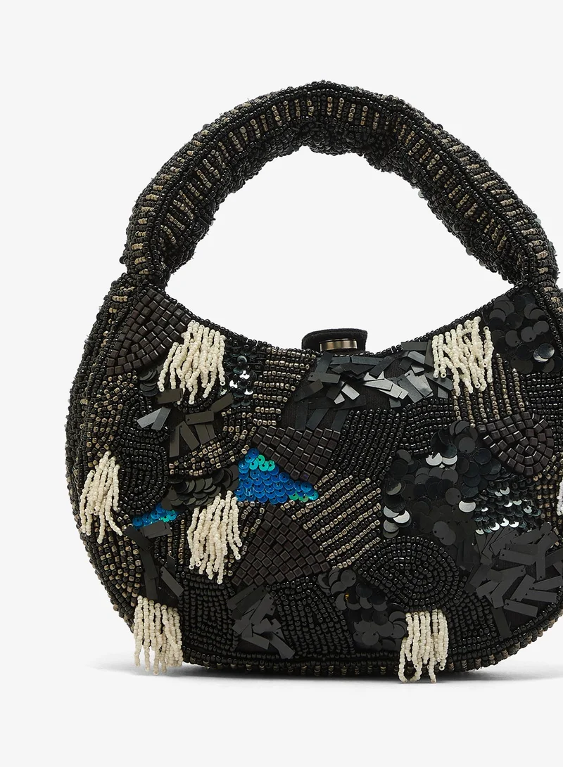 Namshi x Black Embroidered Beaded Tassle Clutch for Women | Best Price UAE