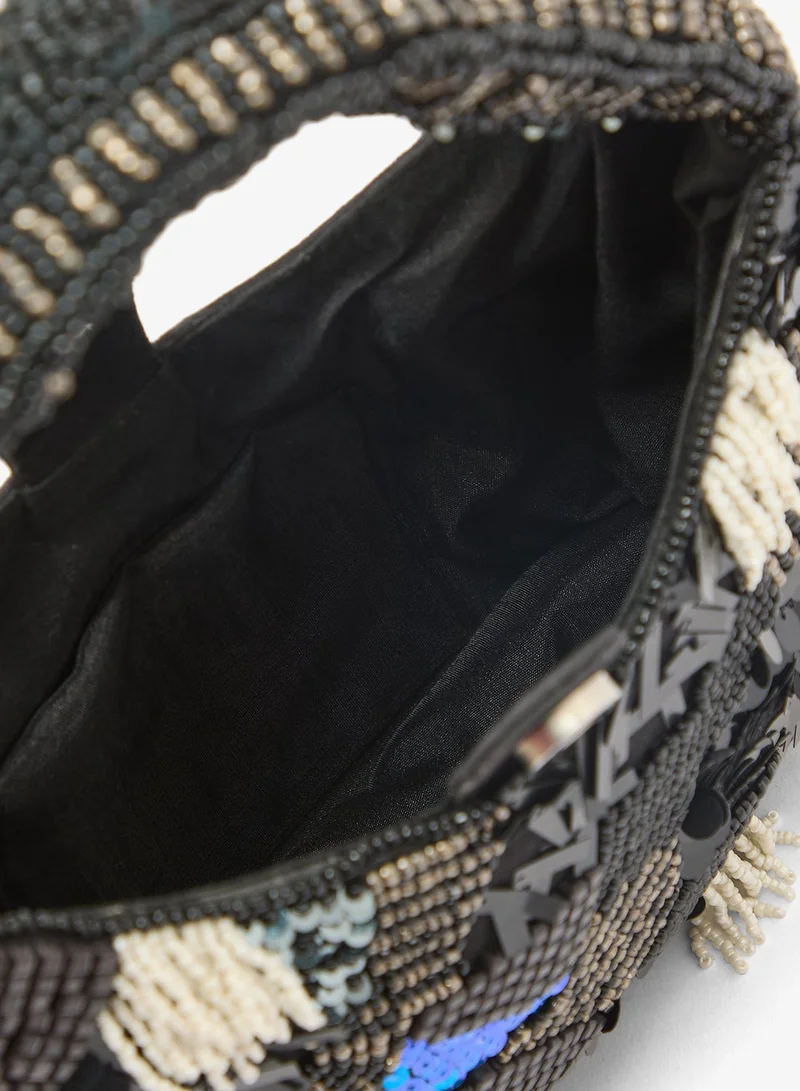 Namshi x Black Embroidered Beaded Tassle Clutch for Women | Best Price UAE