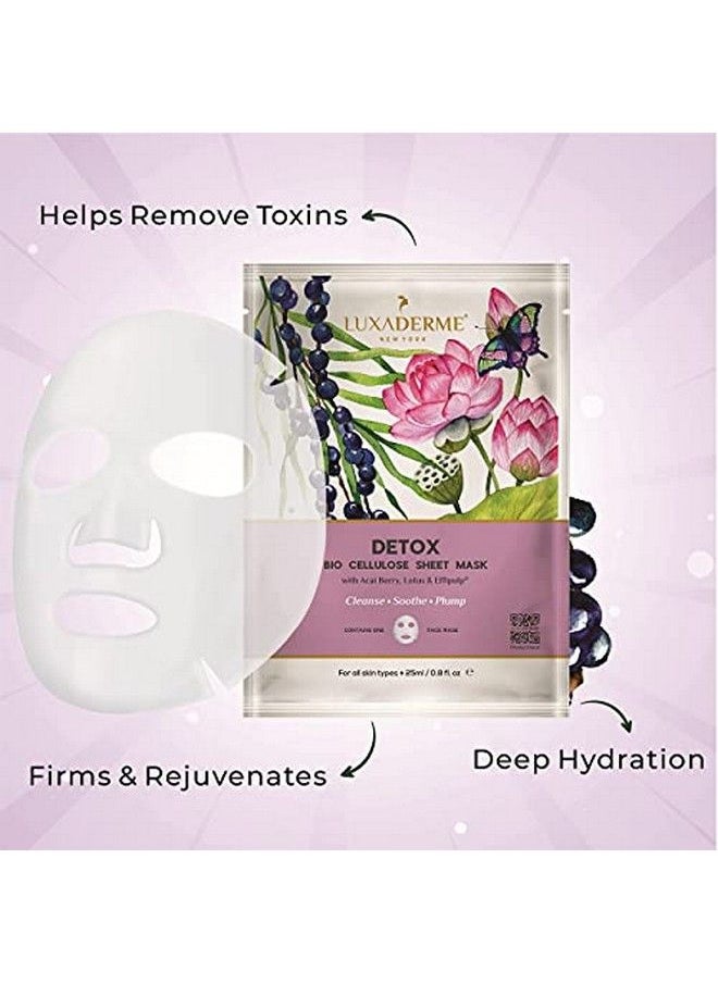 LuxaDerme - Detox Bio Cellulose Face Sheet Mask With Antioxidants Acai Berry & Coq10 Serum. Reduces Toxins & Pollutants. Moisturize & Brighten. All Skin Types. 100% Fermented Coconut Jelly. (Pack Of 1) - Image 1