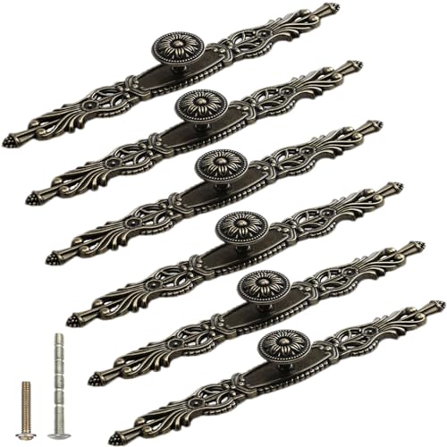 ESreake 6PCS Antique Bronze Cabinet Pulls with Plate101 Long Vintage Zinc Alloy Handles Pulls Knobs for Drawer Furniture Door Bedroom Kitchen Cupboard with Screws Large101 L63 CC - Image 1