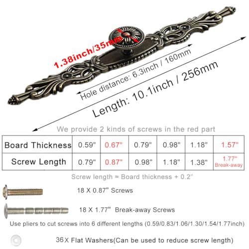 ESreake 6PCS Antique Bronze Cabinet Pulls with Plate101 Long Vintage Zinc Alloy Handles Pulls Knobs for Drawer Furniture Door Bedroom Kitchen Cupboard with Screws Large101 L63 CC - Image 3