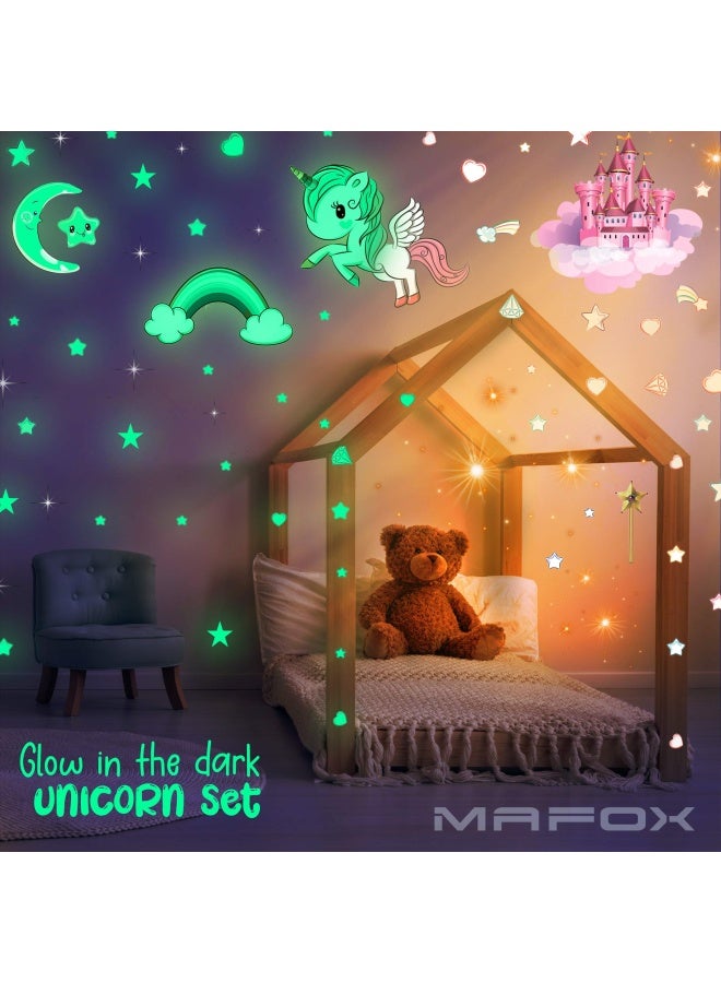 MAFOX Glow in The Dark Stars Glowing Unicorn Sets with Castle Moon and Rainbow Wall Decals for Kids Bedding Room Great for Birthday Gift Wall Mural Stickers for Girls and Boys - Image 2