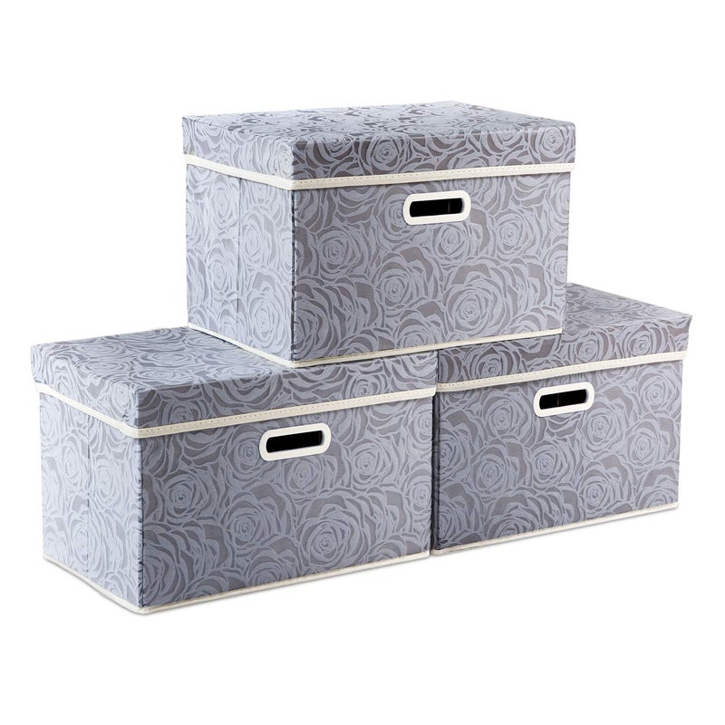 Prandom Storage Boxes with LidsRose Pattern Fabric Decorative Storage Box Really Useful BoxClothing StorageCubes OrganizersCollapsibleStackable38x25x25cm Gray3Pack