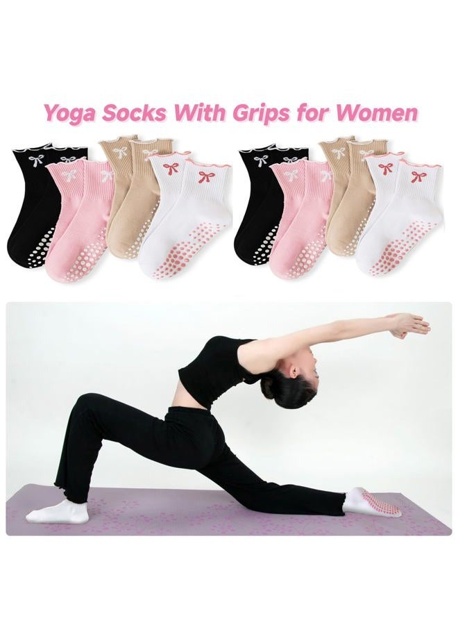 DZSoCoki Grip Socks Pilates,4/6Pairs Cotton Cute Pilates Socks for Women, Ruffle Grippy Sock for Yoga Barre Hospital 5-10in, 4pairsbowblack+pink+khaki+white, One size - Image 5