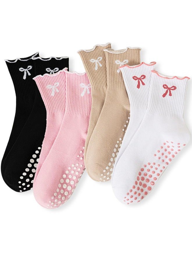 DZSoCoki Grip Socks Pilates,4/6Pairs Cotton Cute Pilates Socks for Women, Ruffle Grippy Sock for Yoga Barre Hospital 5-10in, 4pairsbowblack+pink+khaki+white, One size - Image 1