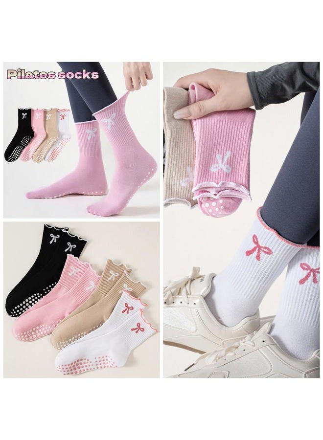 DZSoCoki Grip Socks Pilates,4/6Pairs Cotton Cute Pilates Socks for Women, Ruffle Grippy Sock for Yoga Barre Hospital 5-10in, 4pairsbowblack+pink+khaki+white, One size - Image 3