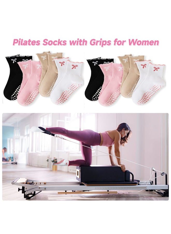 DZSoCoki Grip Socks Pilates,4/6Pairs Cotton Cute Pilates Socks for Women, Ruffle Grippy Sock for Yoga Barre Hospital 5-10in, 4pairsbowblack+pink+khaki+white, One size - Image 4