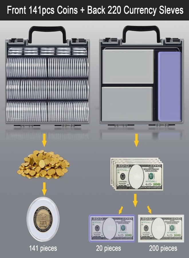 FULLCASE Coins Collector Case Holder Coin Capsules 46mm with 6 Sizes Foam Gasket (141 Pcs), Hard Paper Currency Sleeves (20 Pcs), Soft Dollar Bill Sleeves (200 Pcs) Storage Organizer Box (Black) - Image 2