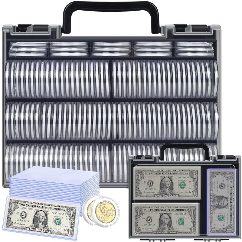 FULLCASE Coins Collector Case Holder Coin Capsules 46mm with 6 Sizes Foam Gasket (141 Pcs), Hard Paper Currency Sleeves (20 Pcs), Soft Dollar Bill Sleeves (200 Pcs) Storage Organizer Box (Black) - Image 1