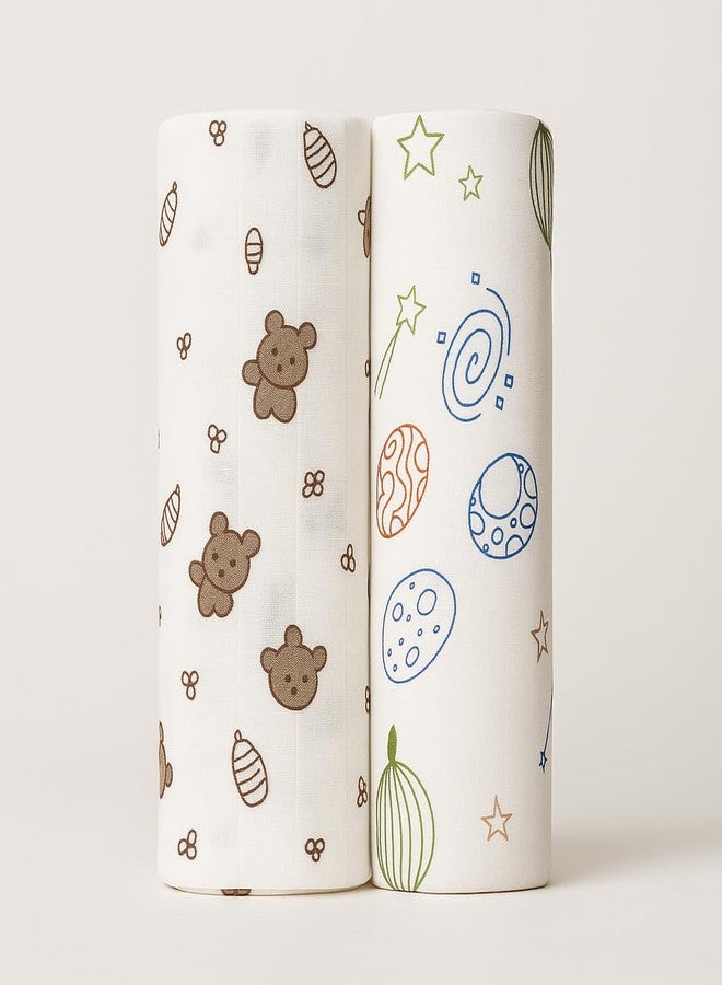 Nestlooms 100% Cotton Muslin Swaddle/Blanket/Multipurpose Wrap for New Born - Soft Swaddle Cloth for boy and Girl Printed (Combo of 2 Galaxy Dreams, Bear Snuggle) - Image 1