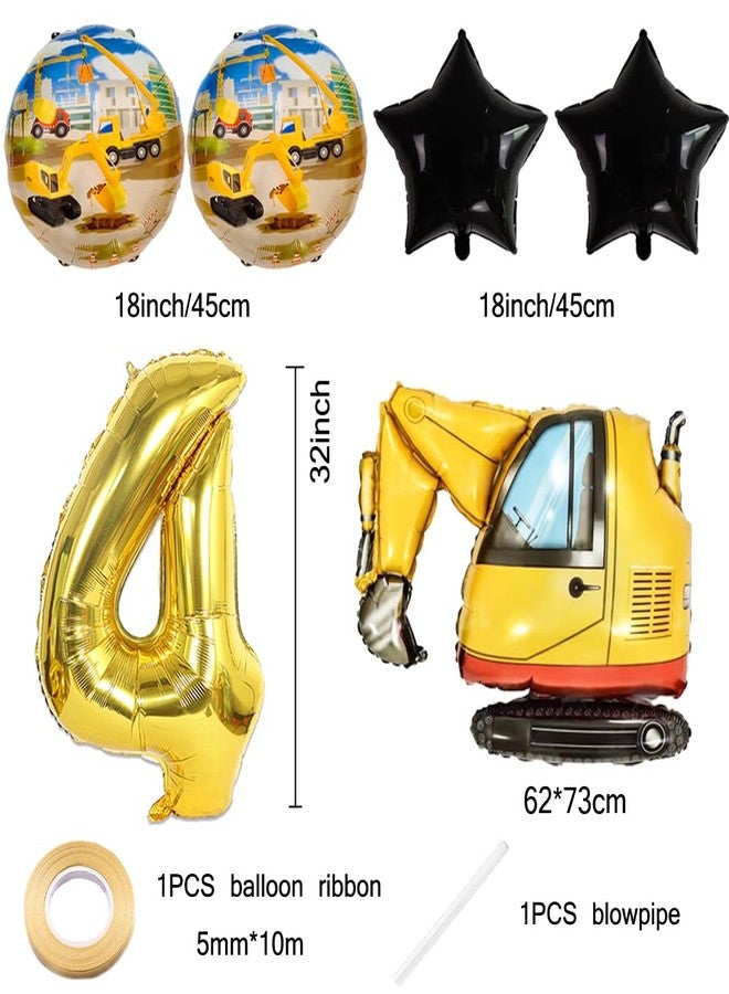 Kawailay Digger Birthday Decoration 4 Years 4th Construction Site Birthday Decoration Gold Number 4 Balloon Digger Foil Balloon Construction Vehicles Helium Balloon for Boys Birthday Party - Image 3