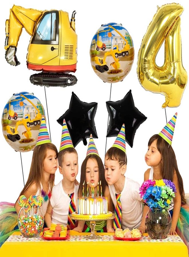 Kawailay Digger Birthday Decoration 4 Years 4th Construction Site Birthday Decoration Gold Number 4 Balloon Digger Foil Balloon Construction Vehicles Helium Balloon for Boys Birthday Party - Image 4