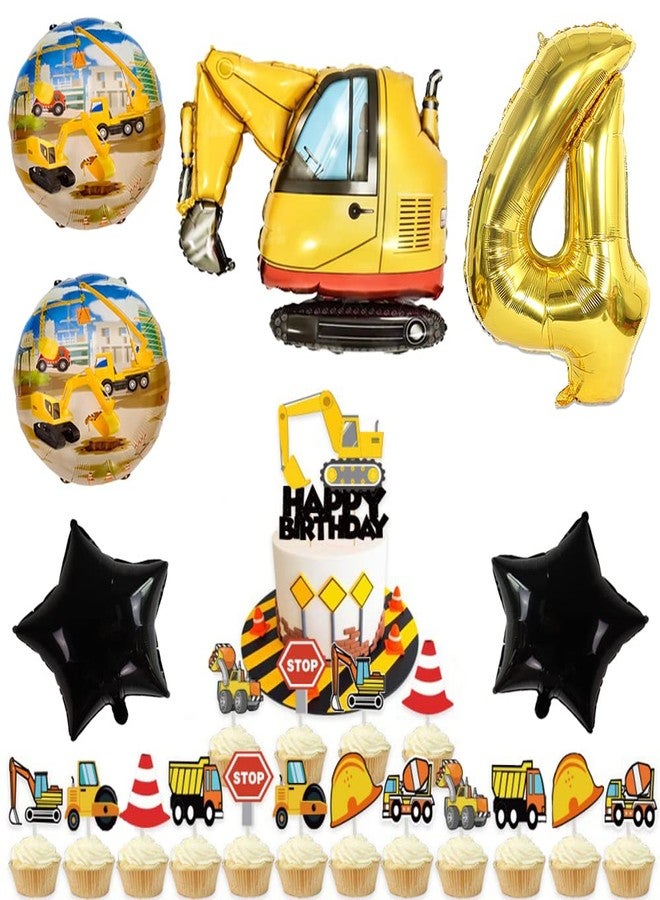 Kawailay Digger Birthday Decoration 4 Years 4th Construction Site Birthday Decoration Gold Number 4 Balloon Digger Foil Balloon Construction Vehicles Helium Balloon for Boys Birthday Party - Image 5