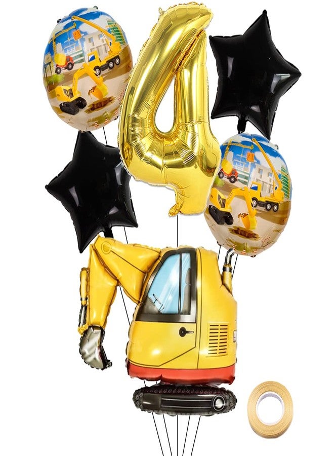 Kawailay Digger Birthday Decoration 4 Years 4th Construction Site Birthday Decoration Gold Number 4 Balloon Digger Foil Balloon Construction Vehicles Helium Balloon for Boys Birthday Party - Image 1