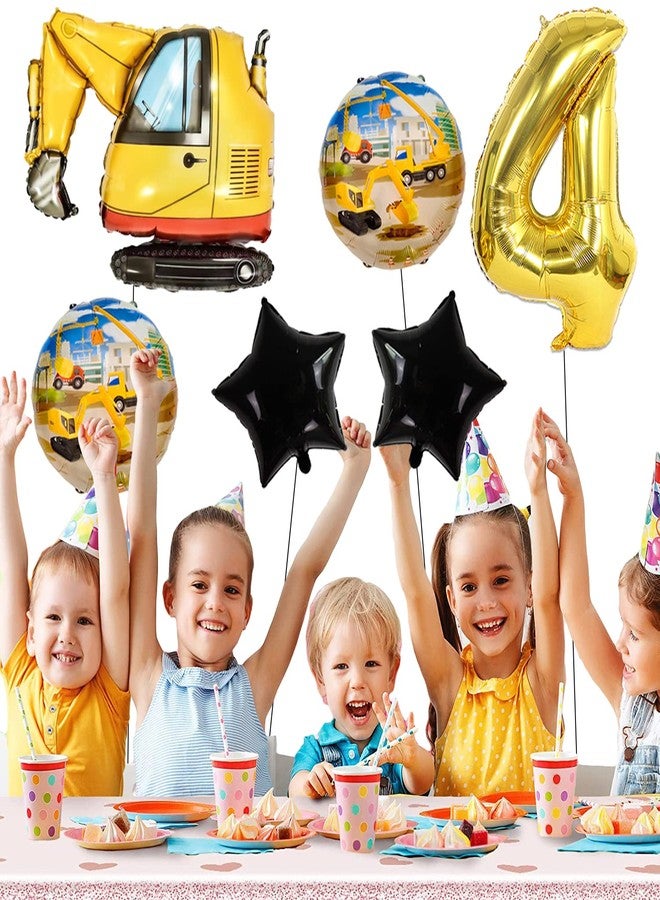 Kawailay Digger Birthday Decoration 4 Years 4th Construction Site Birthday Decoration Gold Number 4 Balloon Digger Foil Balloon Construction Vehicles Helium Balloon for Boys Birthday Party - Image 2