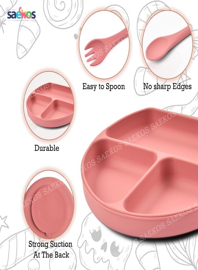 SAEKOS Silicone Baby Feeding Set with Suction Plate, Spoon & Fork | BPA Free, Food Grade, Microwave Safe | Toddler Self Feeding Tableware for Kids 6 Months+ - Image 3