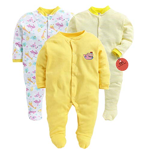 EIO® 100% Cotton Rompers Sleepsuits Jumpsuit Night Suits for Infants Newborn Baby Boys & Girls Pack of 3 (0-3 Months, Yellow) (6-9 Months, Yellow) - Image 1