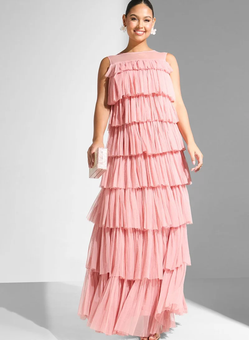 Lace and Beads Layered Mesh Detail Dress