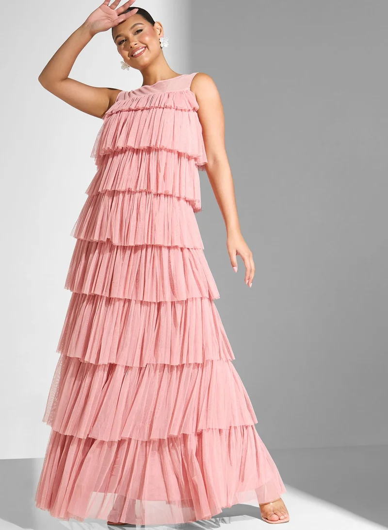Lace and Beads Layered Mesh Detail Dress