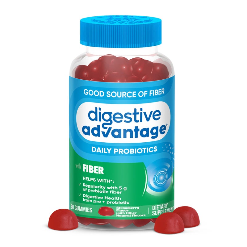 Digestive Advantage Prebiotic Fiber Gummies Probiotics for Gut Health 5g Prebiotic Fiber Plus 1 Billion CFU Probiotic Supports Digestive Health Regularity 60ct Bottle Strawberry Flavor