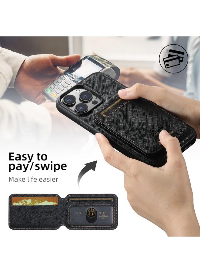 Suteni Case For iPhone 15 H18 Cross Grain MagSafe Wallet Leather Phone Case - Image 2