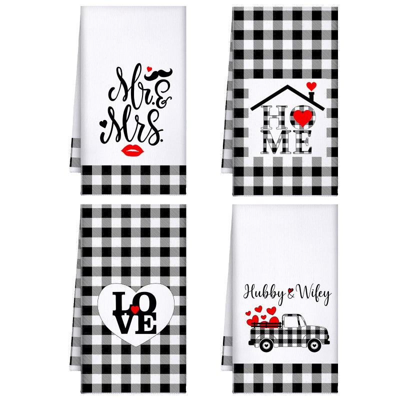 Oudain 4 Pcs Mr and Mrs Gifts Kitchen Towels for Wedding Gifts Love Buffalo Plaid Dish Towers Bridal Shower Housewarming His and Hers Towels for Kitchen Decor Home