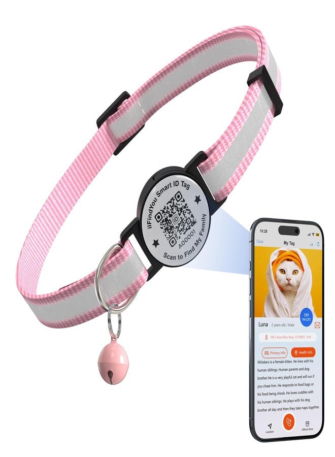 طوق قطط ilFindYou مزود بأجراس، طوق قطط عاكس قابل للفك مع رمز الاستجابة السريعة، طوق قطط صغير قابل للتعديل مع بطاقة اسم وردي - Image 1