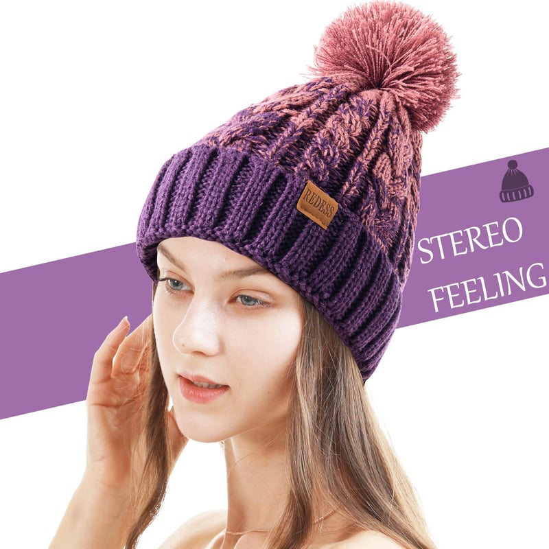 REDESS Women Winter Pompom Beanie Hat with Warm Fleece Lined, Thick Slouchy Snow Knit Skull Ski Cap - Image 2