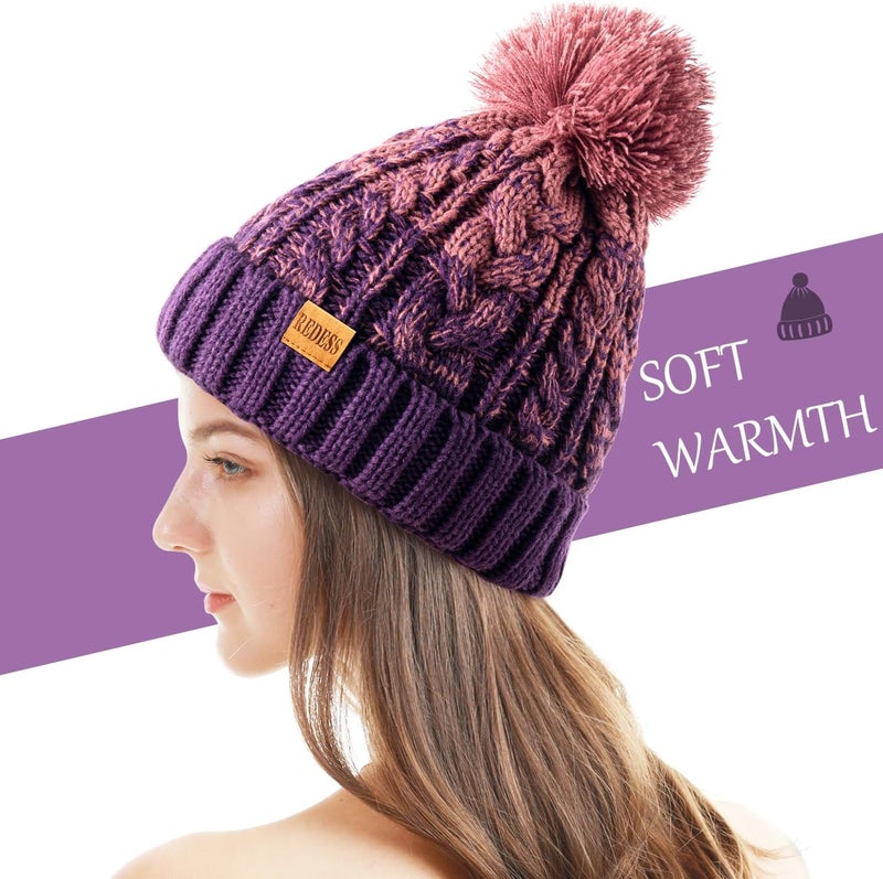 REDESS Women Winter Pompom Beanie Hat with Warm Fleece Lined, Thick Slouchy Snow Knit Skull Ski Cap - Image 3