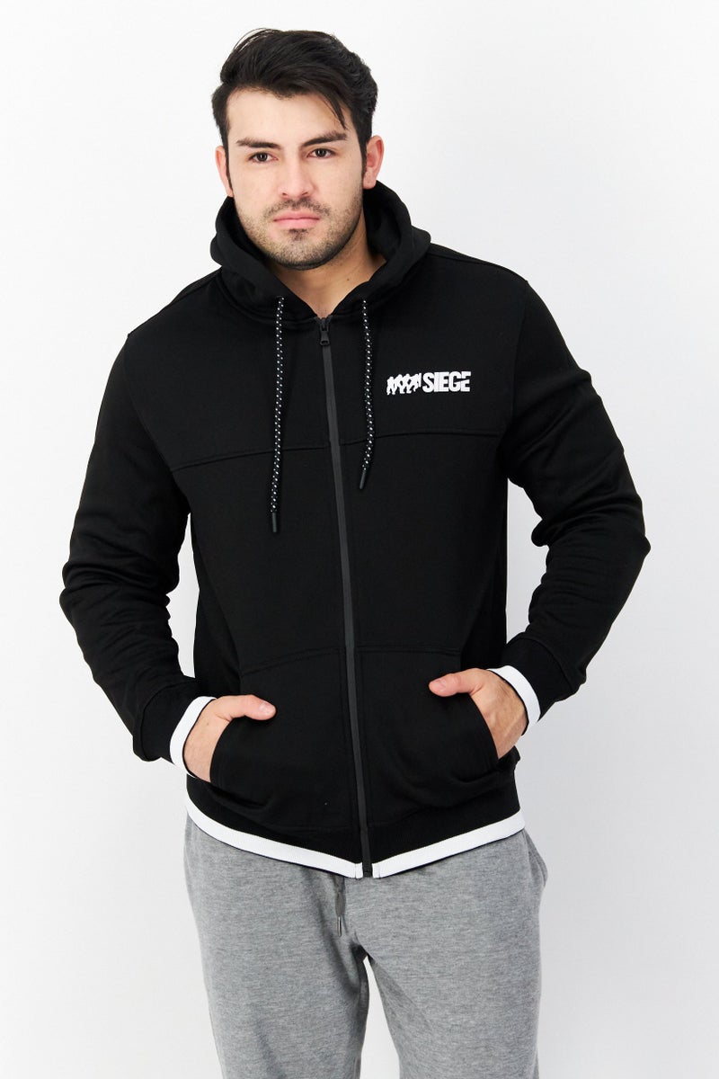 DIFUZED سويت شيرت رجالي بغطاء رأس بأكمام طويلة وطباعة جرافيك، أسود - Image 1