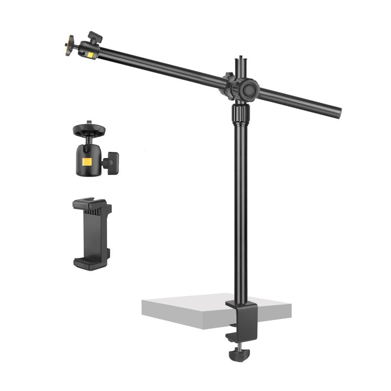 JEBUTU Camera Desk Mount Webcam Stand with Overhead Articulating Magic Boom Arm 1/4" Ball Head for DSLR Tripod, Adjustable Light Stand, Tabletop C Clamp for Ring Light Photo Video Shooting Live Streaming - Image 1