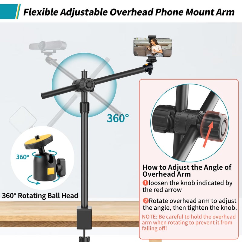 JEBUTU Camera Desk Mount Webcam Stand with Overhead Articulating Magic Boom Arm 1/4" Ball Head for DSLR Tripod, Adjustable Light Stand, Tabletop C Clamp for Ring Light Photo Video Shooting Live Streaming - Image 4